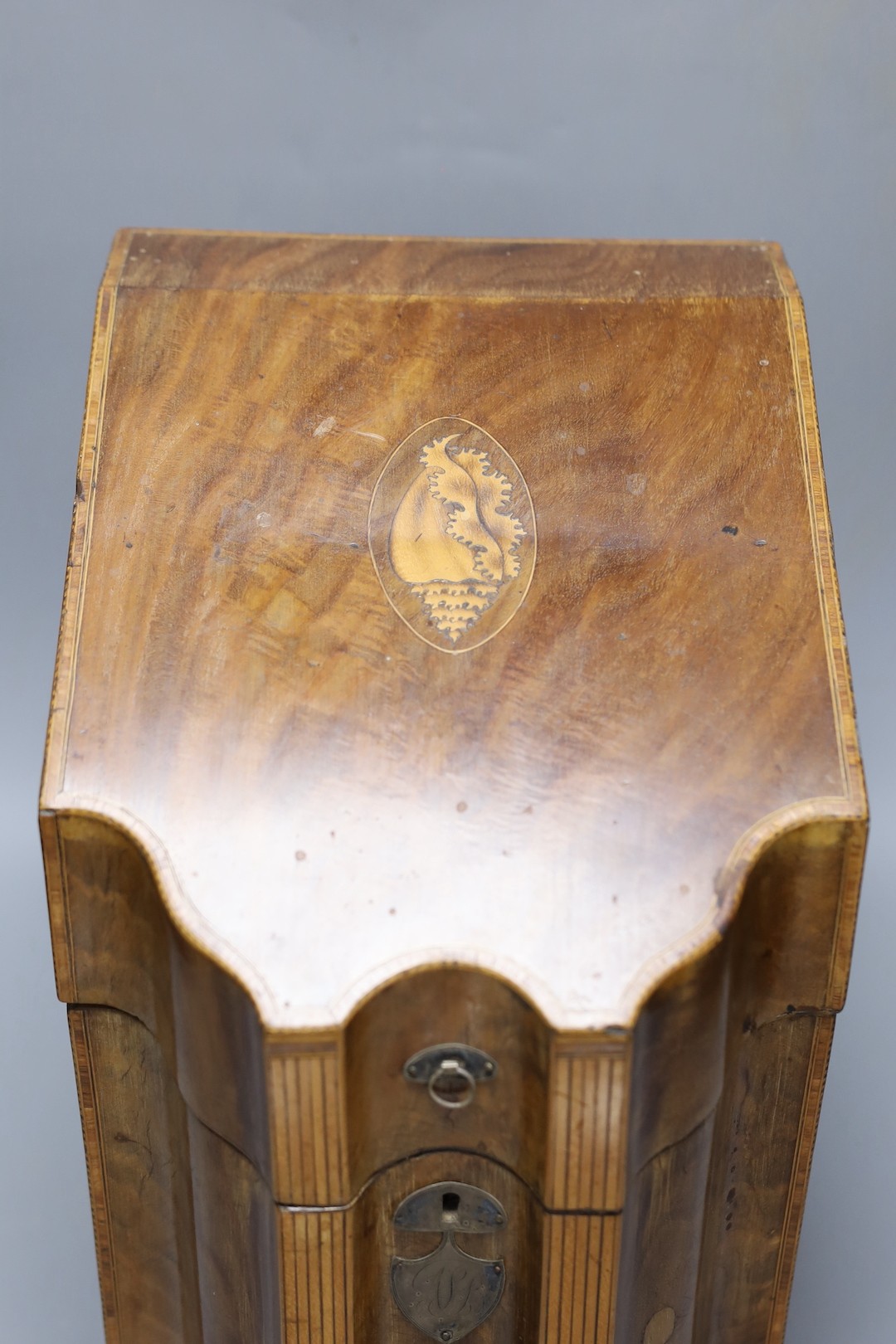 A George III inlaid mahogany knife box with original interior 38cm tall